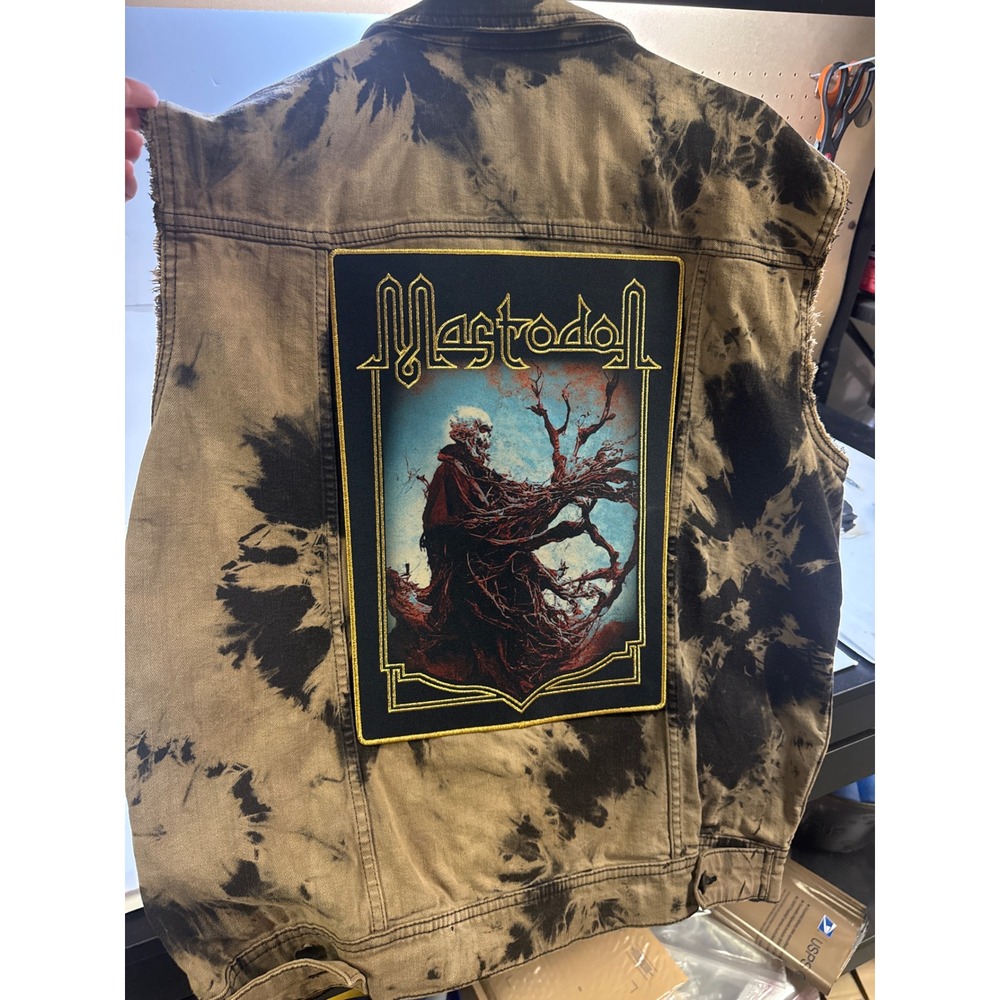 Mastodon Custom Bleached Tie Dye Denim Battle Vest Metal Band Back Patch Mens